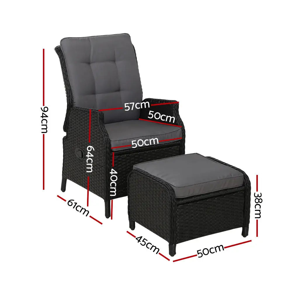 Gardeon 2pc Recliner Chair Sun Lounge Wicker Lounger Outdoor Furniture Adjustable Black