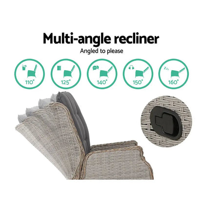 Gardeon 2pc Recliner Chair Sun Lounge Wicker Lounger Outdoor Furniture Adjustable Grey