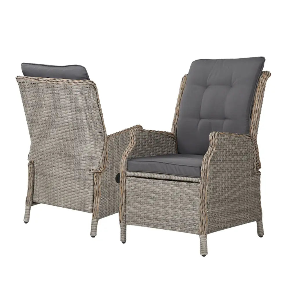 Gardeon 2pc Recliner Chair Sun Lounge Wicker Lounger Outdoor Furniture Adjustable Grey
