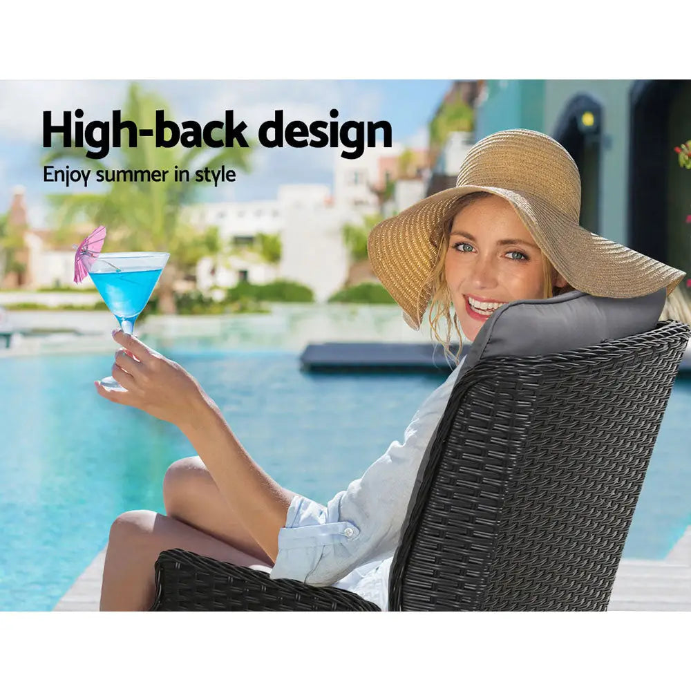 Gardeon 2pc Recliner Chair Sun Lounge Wicker Lounger Outdoor Furniture Adjustable Black