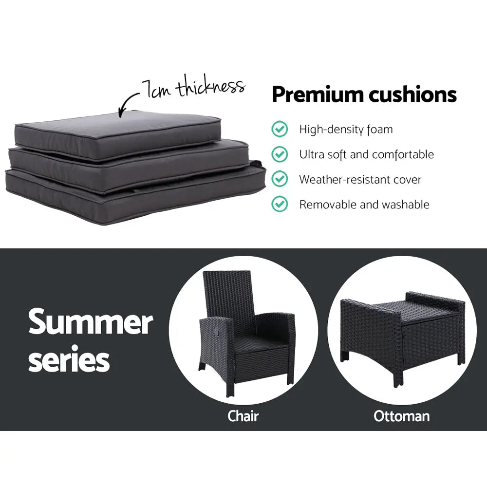 Gardeon 2pc Recliner Chairs Sun Lounge Wicker Lounger Outdoor Furniture Adjustable Black