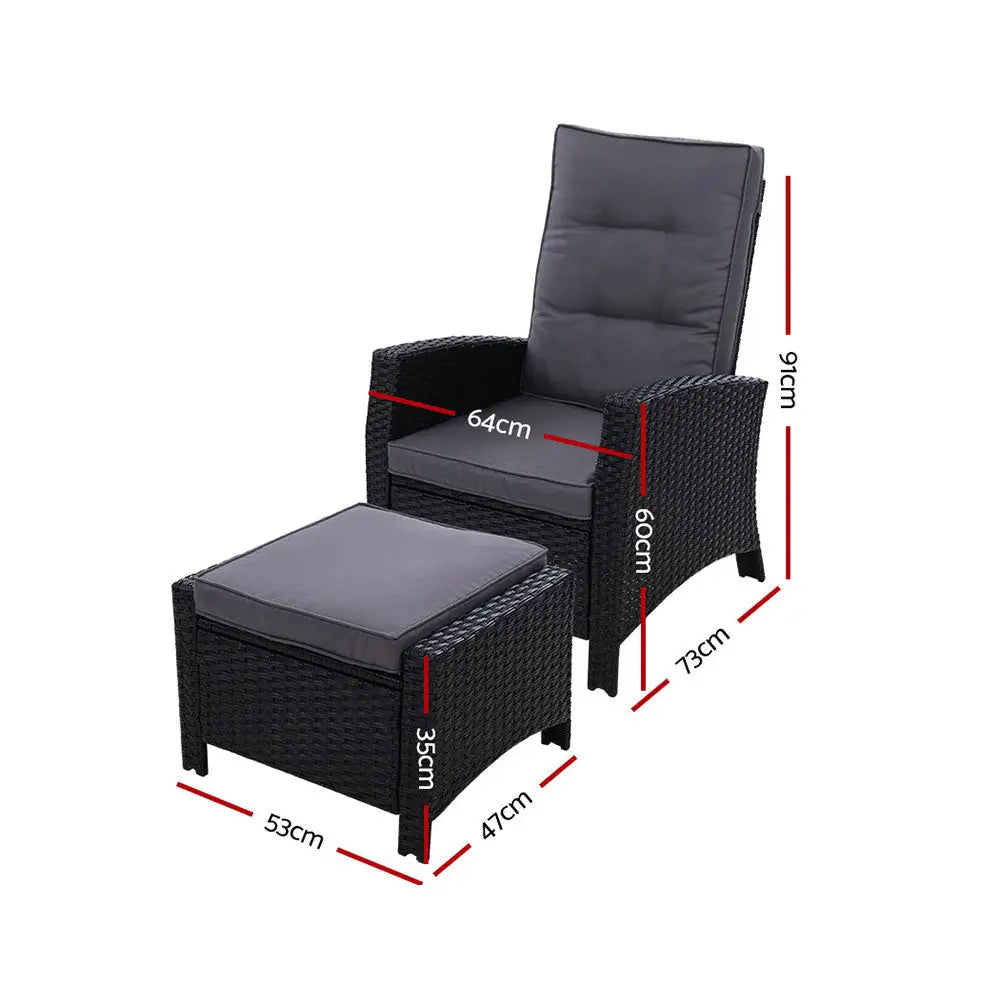 Gardeon 2pc Recliner Chairs Sun Lounge Wicker Lounger Outdoor Furniture Adjustable Black