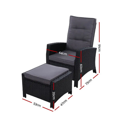 Gardeon 2pc Recliner Chairs Sun Lounge Wicker Lounger Outdoor Furniture Adjustable Black