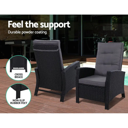 Gardeon 2pc Recliner Chairs Sun Lounge Wicker Lounger Outdoor Furniture Adjustable Black