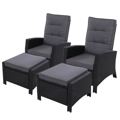 Gardeon 2pc Recliner Chairs Sun Lounge Wicker Lounger Outdoor Furniture Adjustable Black