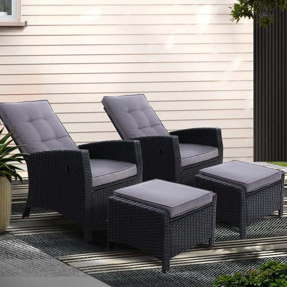 Gardeon 2pc Recliner Chairs Sun Lounge Wicker Lounger Outdoor Furniture Adjustable Black
