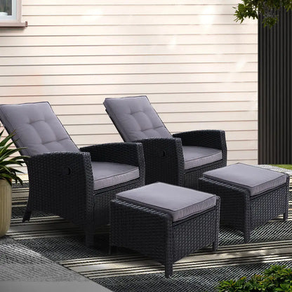 Gardeon 2pc Recliner Chairs Sun Lounge Wicker Lounger Outdoor Furniture Adjustable Black