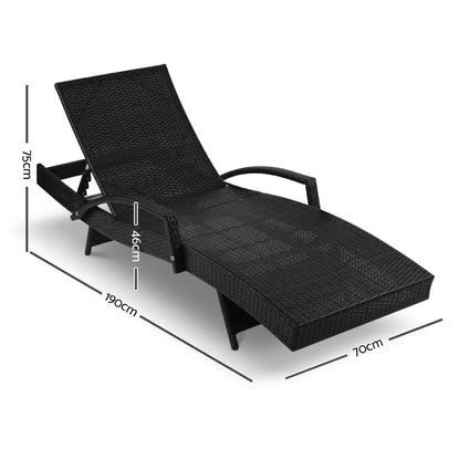 Gardeon 2pc Sun Lounge Wicker Lounger Outdoor Furniture Beach Chair Patio Adjustable Cushion Black
