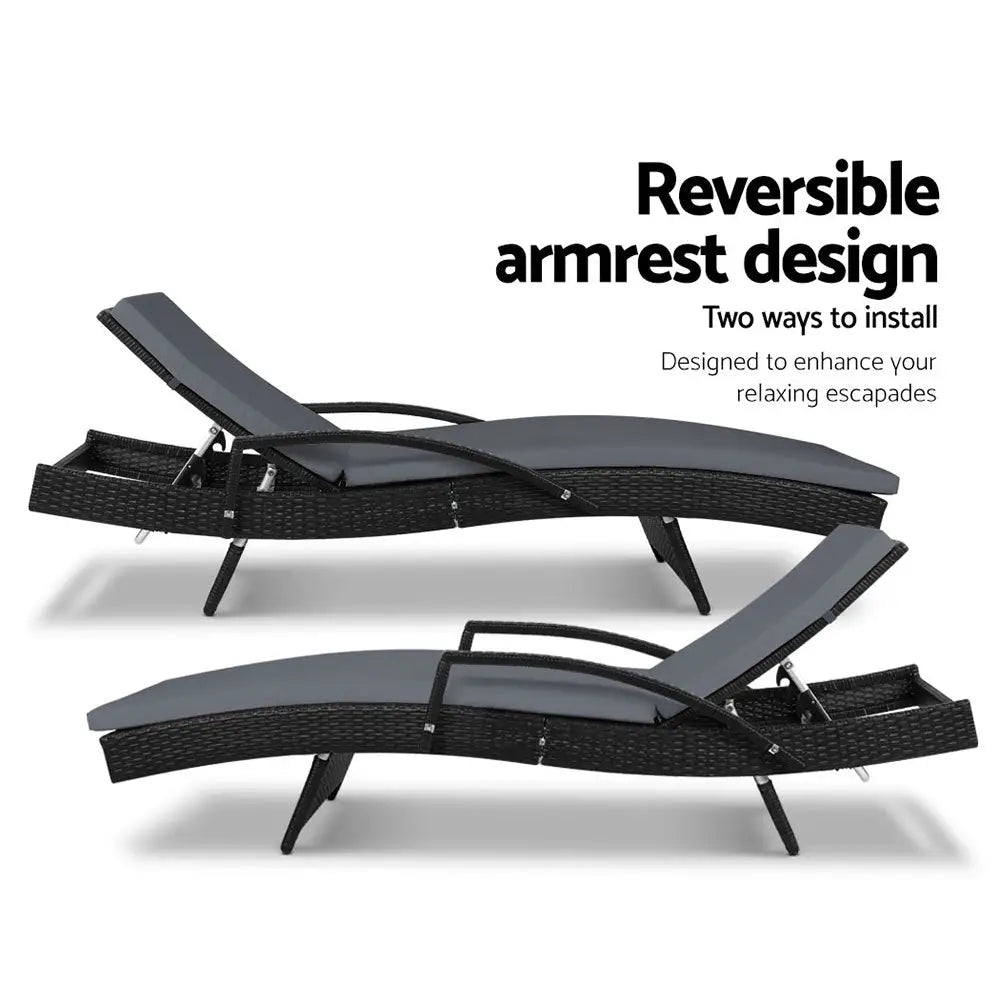 Gardeon 2pc Sun Lounge Wicker Lounger Outdoor Furniture Beach Chair Patio Adjustable Cushion Black