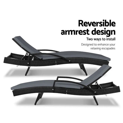 Gardeon 2pc Sun Lounge Wicker Lounger Outdoor Furniture Beach Chair Patio Adjustable Cushion Black