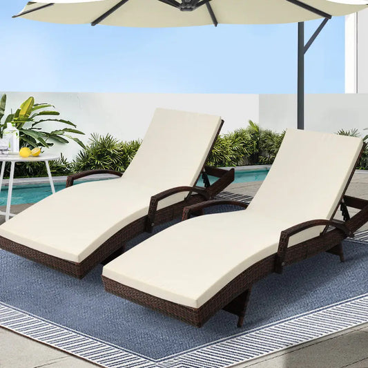 Gardeon 2pc Sun Lounge Wicker Lounger Outdoor Furniture Beach Chair Patio Adjustable Cushion Brown
