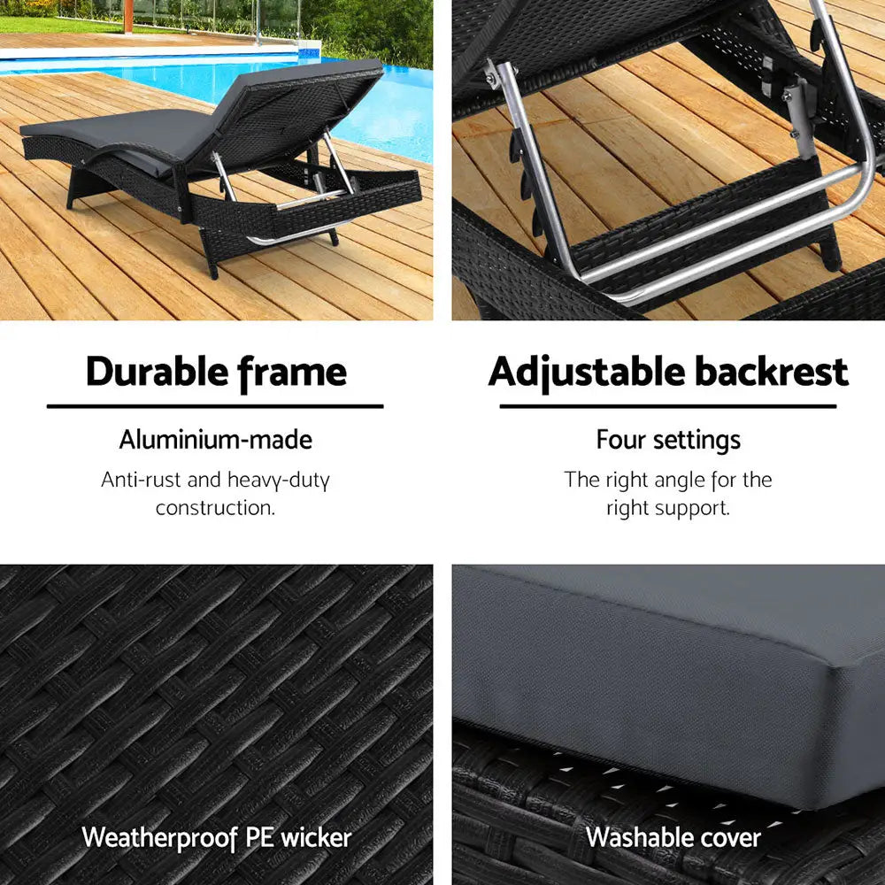 Gardeon 2pc Sun Lounge Wicker Lounger Outdoor Furniture Beach Chair Patio Adjustable Cushion Black