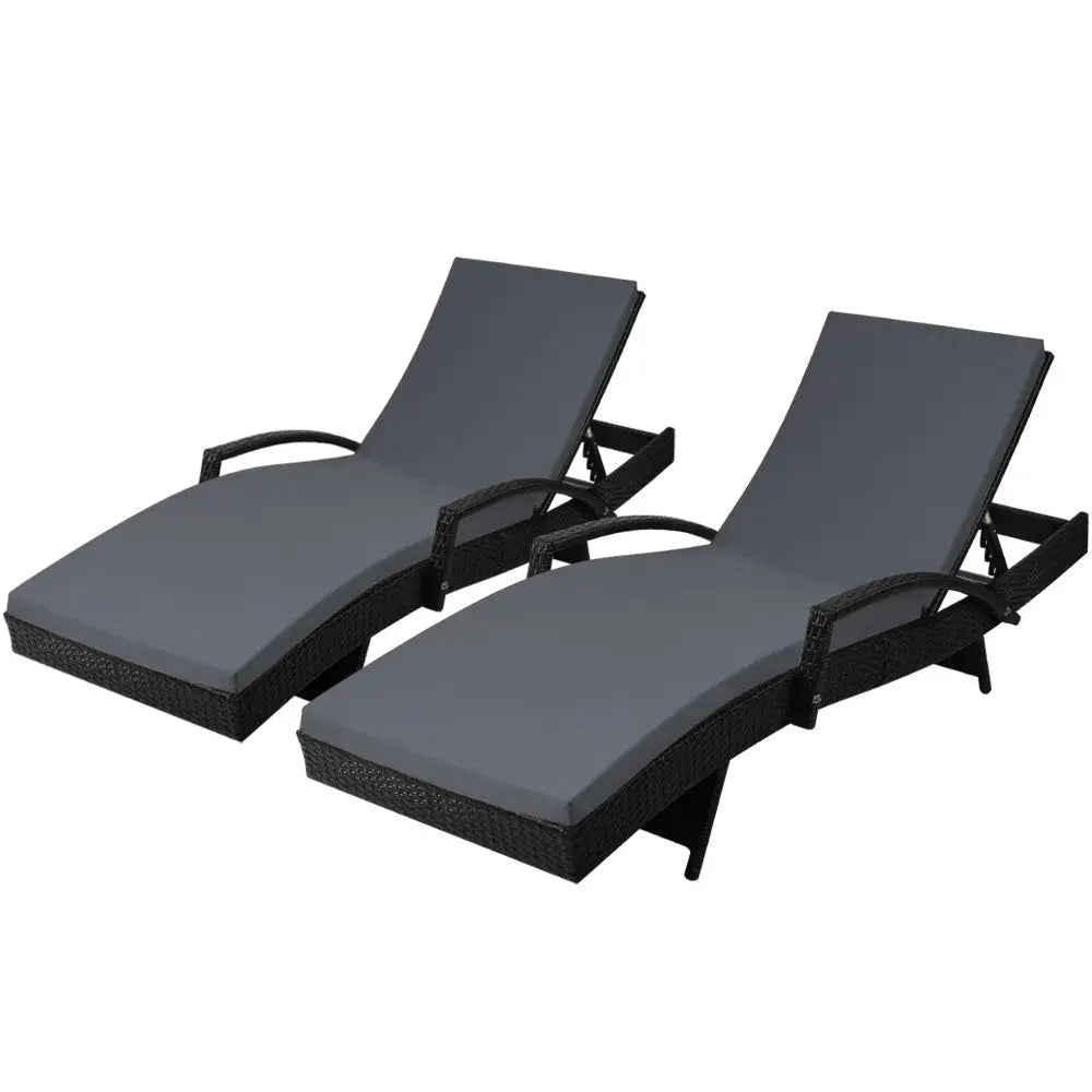 Gardeon 2pc Sun Lounge Wicker Lounger Outdoor Furniture Beach Chair Patio Adjustable Cushion Black
