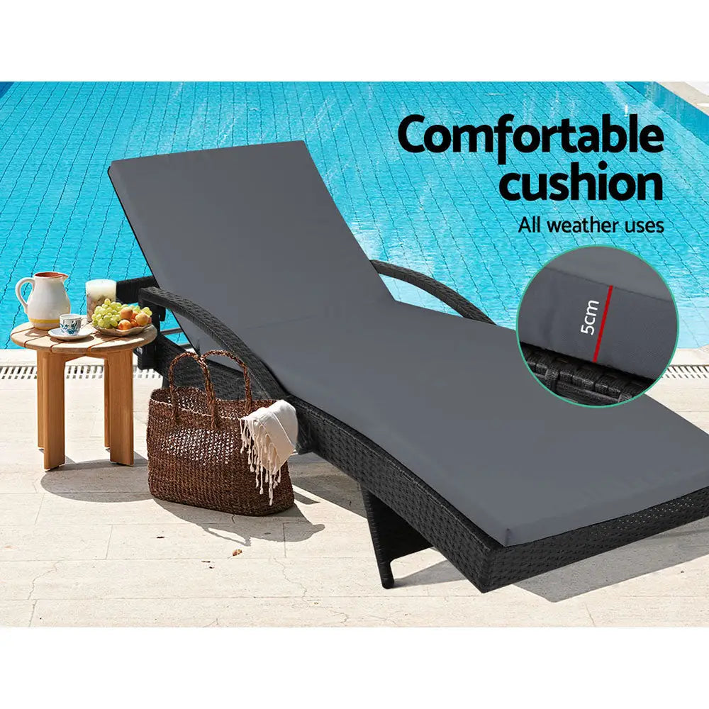 Gardeon 2pc Sun Lounge Wicker Lounger Outdoor Furniture Beach Chair Patio Adjustable Cushion Black