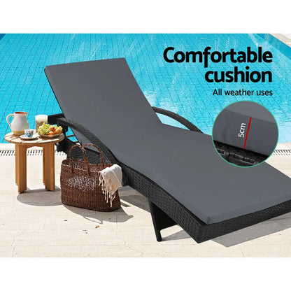 Gardeon 2pc Sun Lounge Wicker Lounger Outdoor Furniture Beach Chair Patio Adjustable Cushion Black