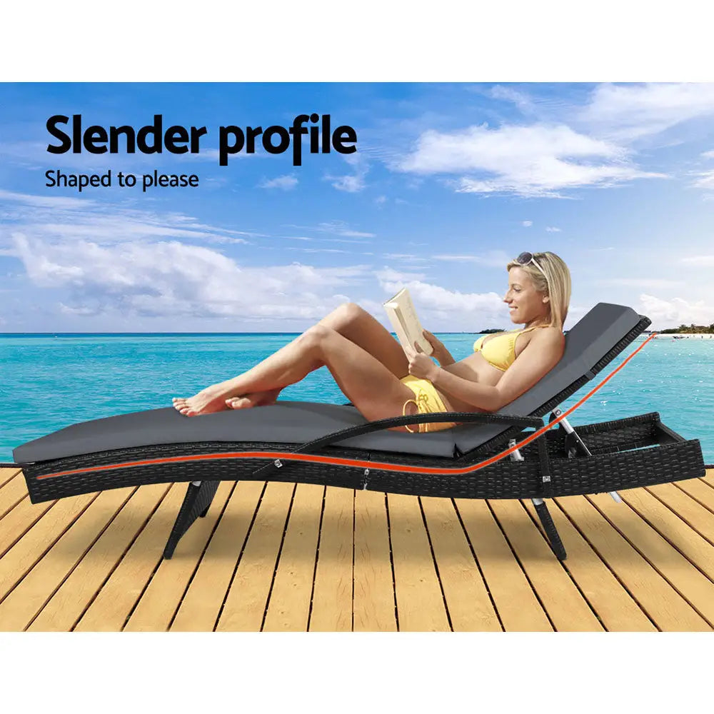 Gardeon 2pc Sun Lounge Wicker Lounger Outdoor Furniture Beach Chair Patio Adjustable Cushion Black