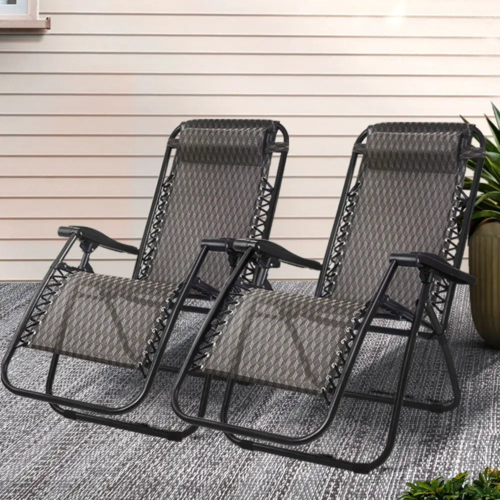 Gardeon 2pc Zero Gravity Chair Folding Outdoor Recliner Adjustable Sun Lounge Camping Grey