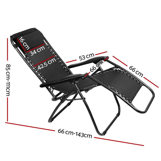 Gardeon 2pc Zero Gravity Chair Folding Outdoor Recliner Adjustable Sun Lounge Camping Black