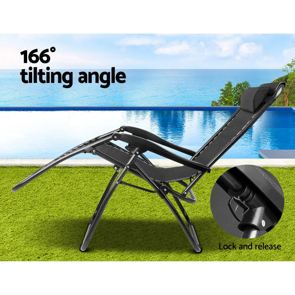 Gardeon 2pc Zero Gravity Chair Folding Outdoor Recliner Adjustable Sun Lounge Camping Black