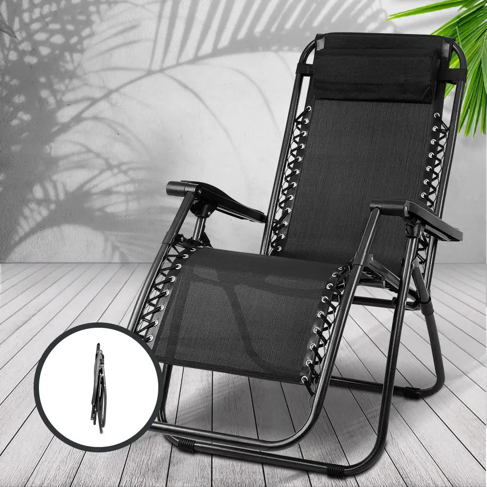 Gardeon 2pc Zero Gravity Chair Folding Outdoor Recliner Adjustable Sun Lounge Camping Black