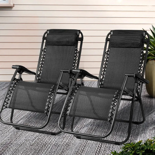 Gardeon 2pc Zero Gravity Chair Folding Outdoor Recliner Adjustable Sun Lounge Camping Black