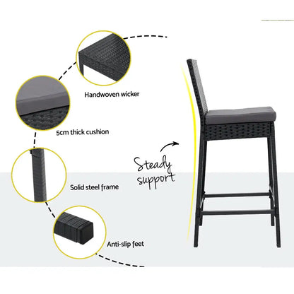 Gardeon 3-piece Outdoor Bar Set Patio Dining Chairs Wicker Table Stools