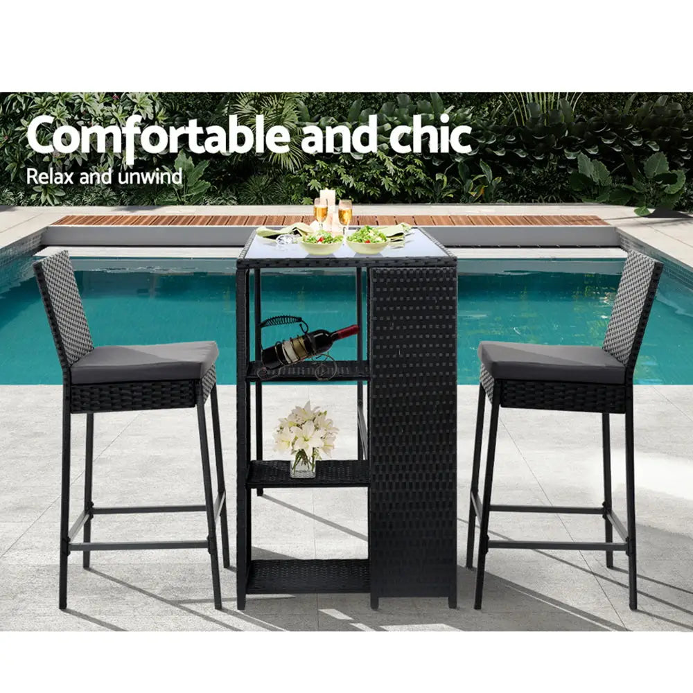 Gardeon 3-piece Outdoor Bar Set Patio Dining Chairs Wicker Table Stools