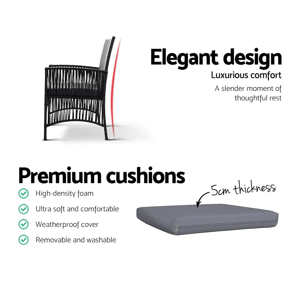 Gardeon 3pc Bistro Set Outdoor Furniture Rattan Table Chairs Cushion Patio Garden Lyra