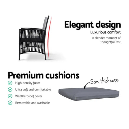 Gardeon 3pc Bistro Set Outdoor Furniture Rattan Table Chairs Cushion Patio Garden Lyra