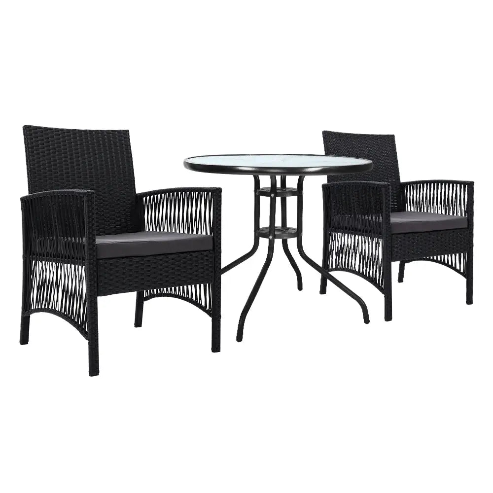 Gardeon 3pc Bistro Set Outdoor Furniture Rattan Table Chairs Cushion Patio Garden Lyra