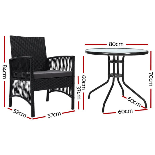 Gardeon 3pc Bistro Set Outdoor Furniture Rattan Table Chairs Cushion Patio Garden Lyra