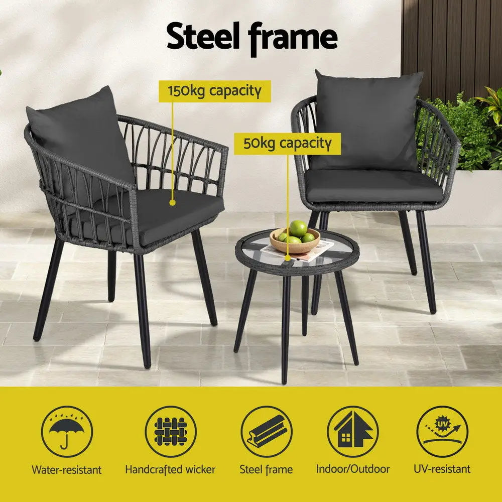 Gardeon 3pc Outdoor Bistro Set Patio Furniture Lounge Setting Table and Chairs Grey