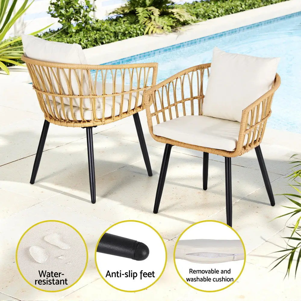 Gardeon 3pc Outdoor Bistro Set Patio Furniture Lounge Setting Table and Chairs Natural