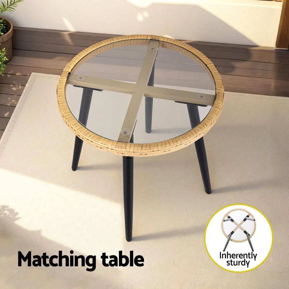 Gardeon 3pc Outdoor Bistro Set Patio Furniture Lounge Setting Table and Chairs Natural