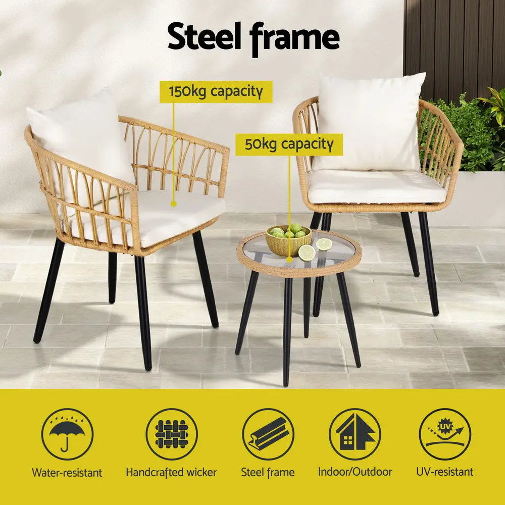 Gardeon 3pc Outdoor Bistro Set Patio Furniture Lounge Setting Table and Chairs Natural
