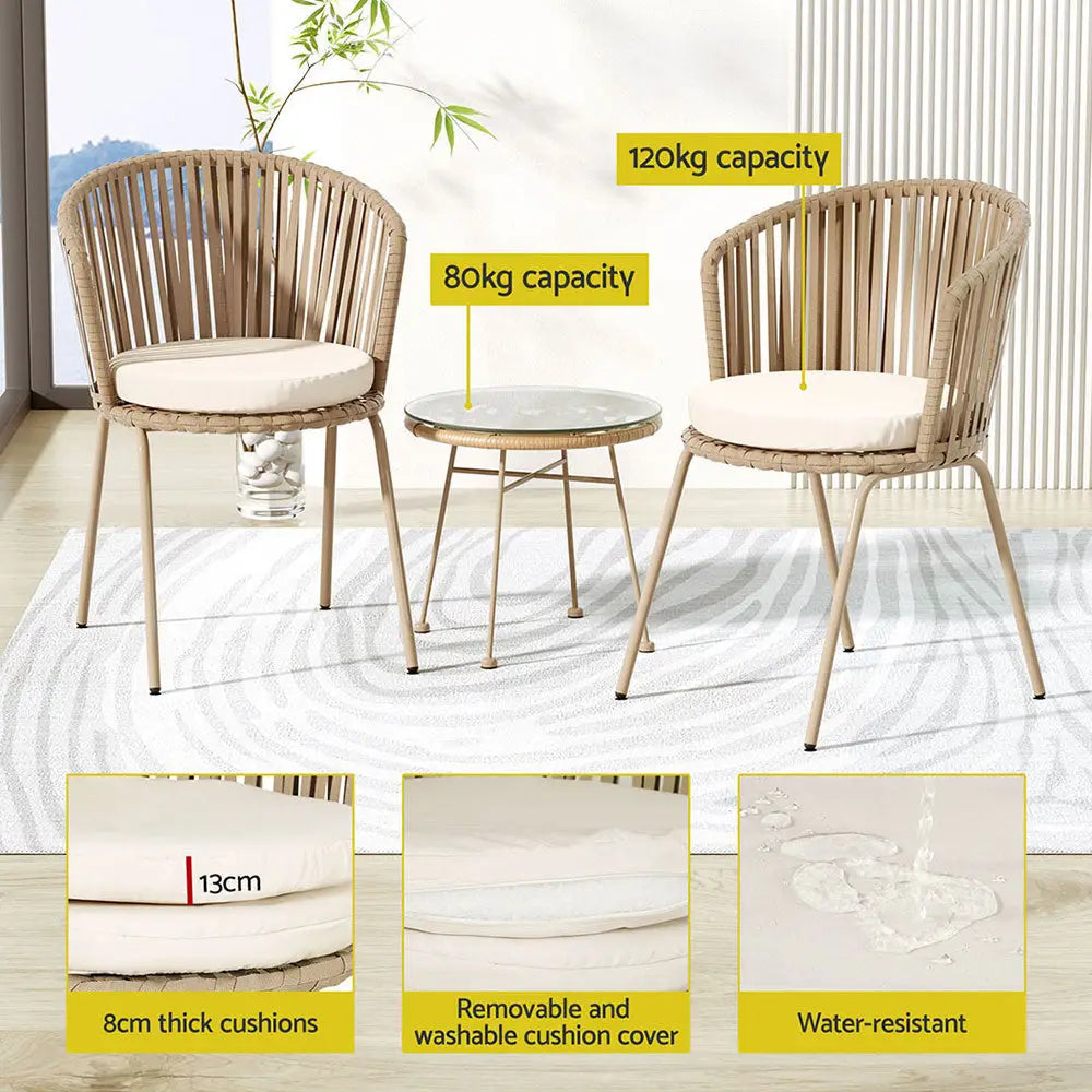 Gardeon 3pc Outdoor Bistro Set Patio Furniture Rope Setting Chairs Table Beige