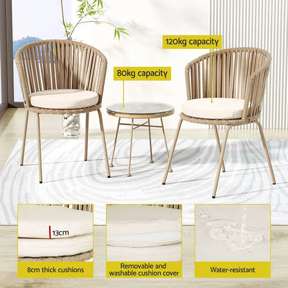 Gardeon 3pc Outdoor Bistro Set Patio Furniture Rope Setting Chairs Table Beige