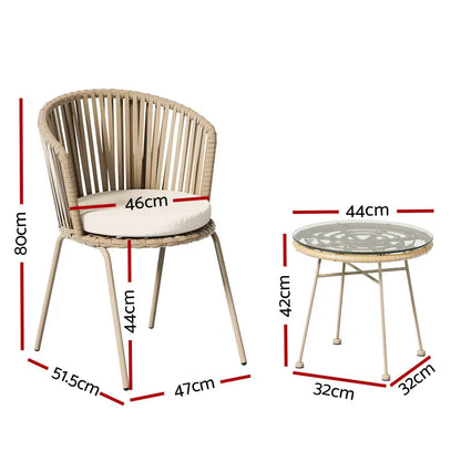 Gardeon 3pc Outdoor Bistro Set Patio Furniture Rope Setting Chairs Table Beige