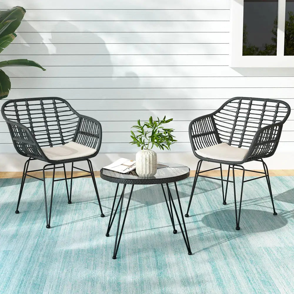 Gardeon 3pc Outdoor Furniture Bistro Set Lounge Setting Table Chairs Cushion Patio Grey
