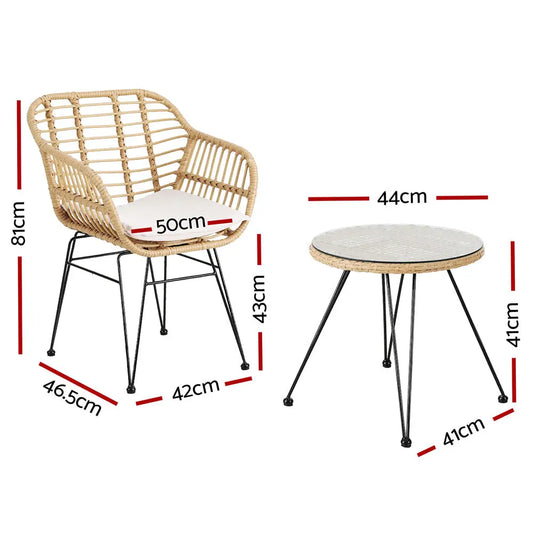 Gardeon 3pc Outdoor Furniture Bistro Set Lounge Setting Table Chairs Cushion Patio Grey