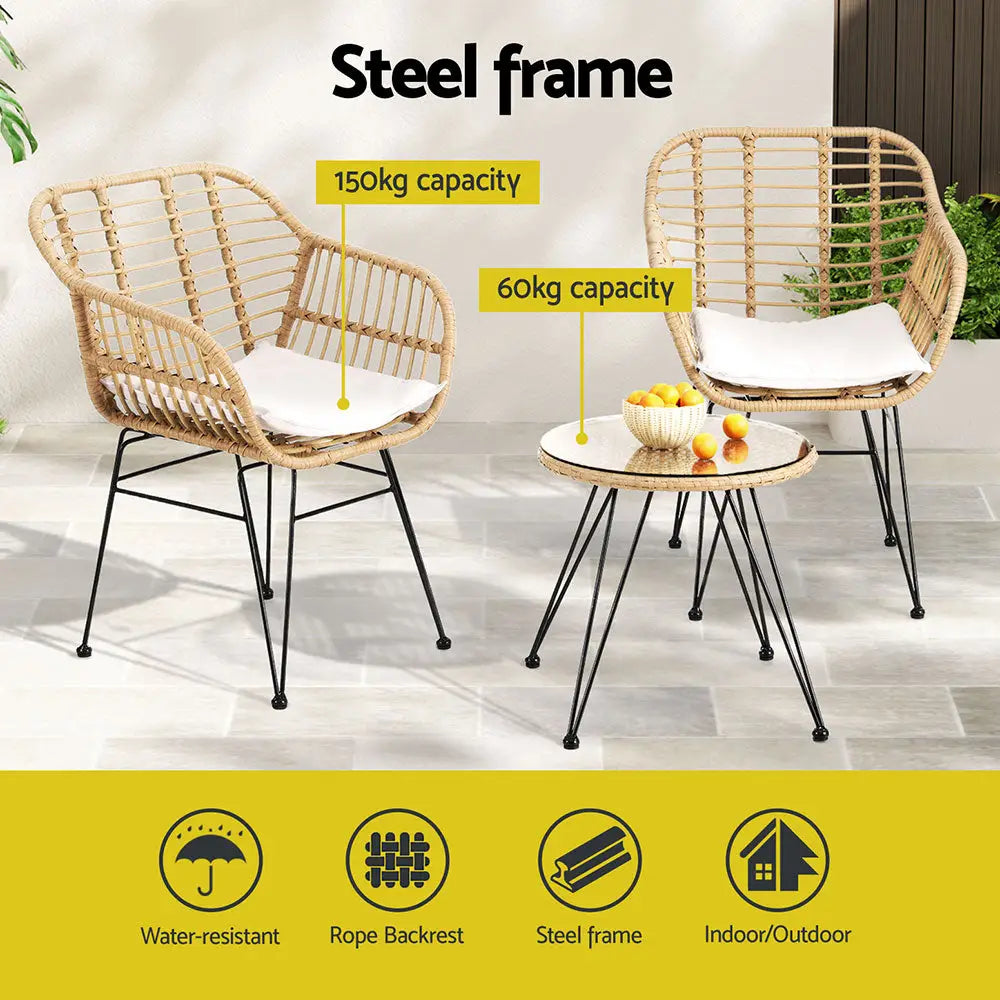 Gardeon 3pc Outdoor Furniture Bistro Set Lounge Setting Table Chairs Cushion Patio Grey