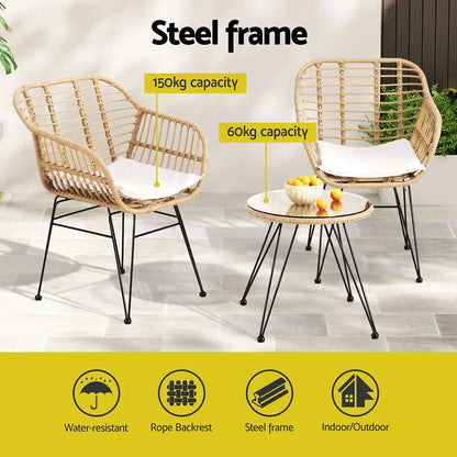 Gardeon 3pc Outdoor Furniture Bistro Set Lounge Setting Table Chairs Cushion Patio Grey