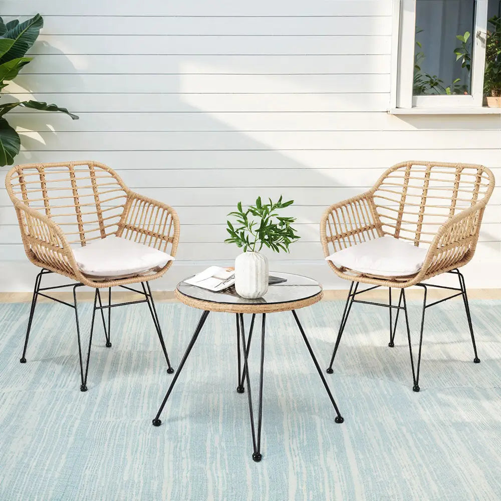 Gardeon 3pc Outdoor Furniture Bistro Set Lounge Setting Table Chairs Cushion Patio Grey