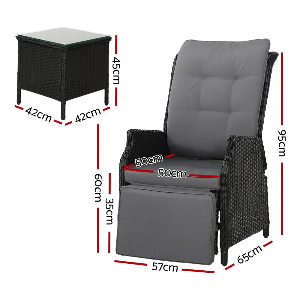 Gardeon 3pc Recliner Chairs Table Sun Lounge Outdoor Furniture Wicker Adjustable Black