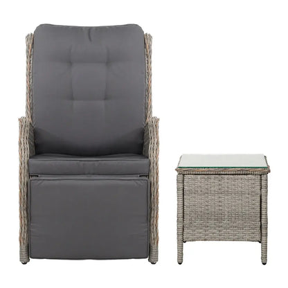 Gardeon 3pc Recliner Chairs Table Sun Lounge Outdoor Furniture Wicker Adjustable Grey