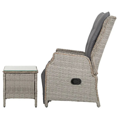 Gardeon 3pc Recliner Chairs Table Sun Lounge Outdoor Furniture Wicker Adjustable Grey