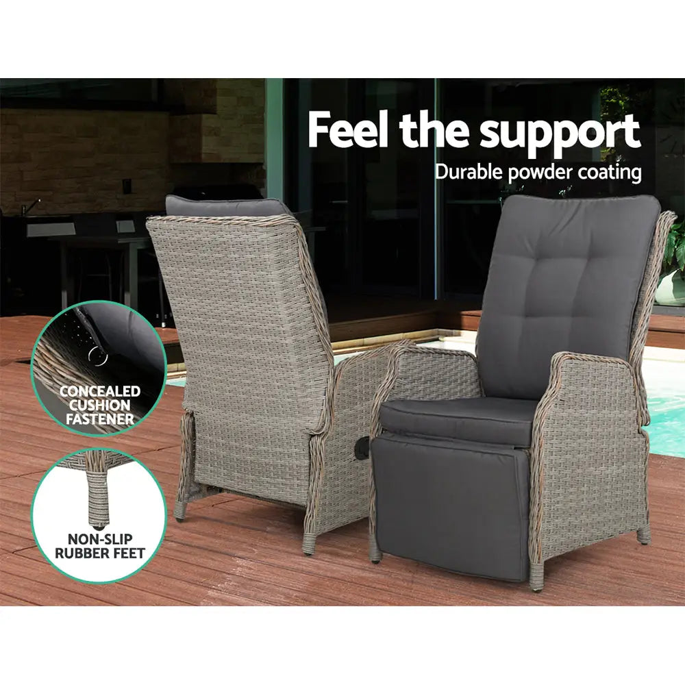 Gardeon 3pc Recliner Chairs Table Sun Lounge Outdoor Furniture Wicker Adjustable Grey