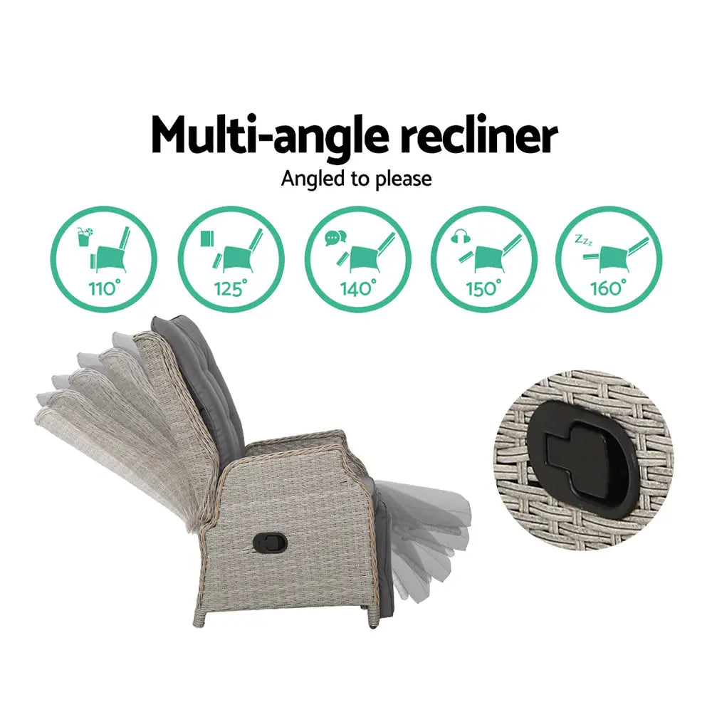 Gardeon 3pc Recliner Chairs Table Sun Lounge Outdoor Furniture Wicker Adjustable Grey