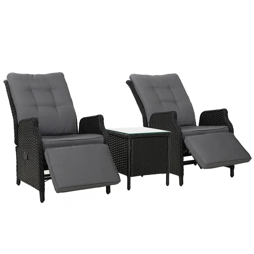 Gardeon 3pc Recliner Chairs Table Sun Lounge Outdoor Furniture Wicker Adjustable Black
