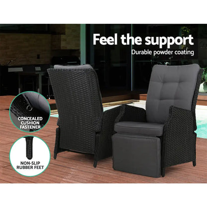 Gardeon 3pc Recliner Chairs Table Sun Lounge Outdoor Furniture Wicker Adjustable Black